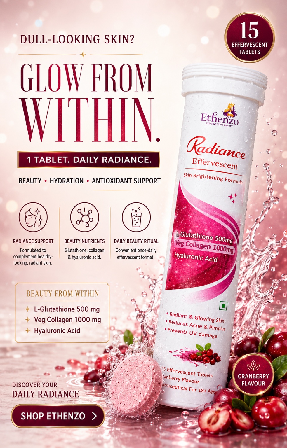 Ethenzo Radiance Glutathione & Collagen Effervescent Tablets 500mg/1000mg – Cranberry, 15 Tablets - Image 3