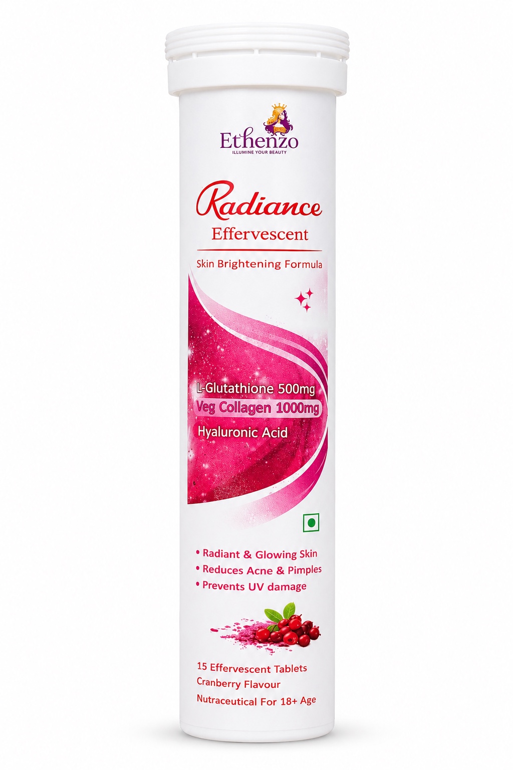 Ethenzo Radiance Glutathione & Collagen Effervescent Tablets 500mg/1000mg – Cranberry, 15 Tablets - Image 5