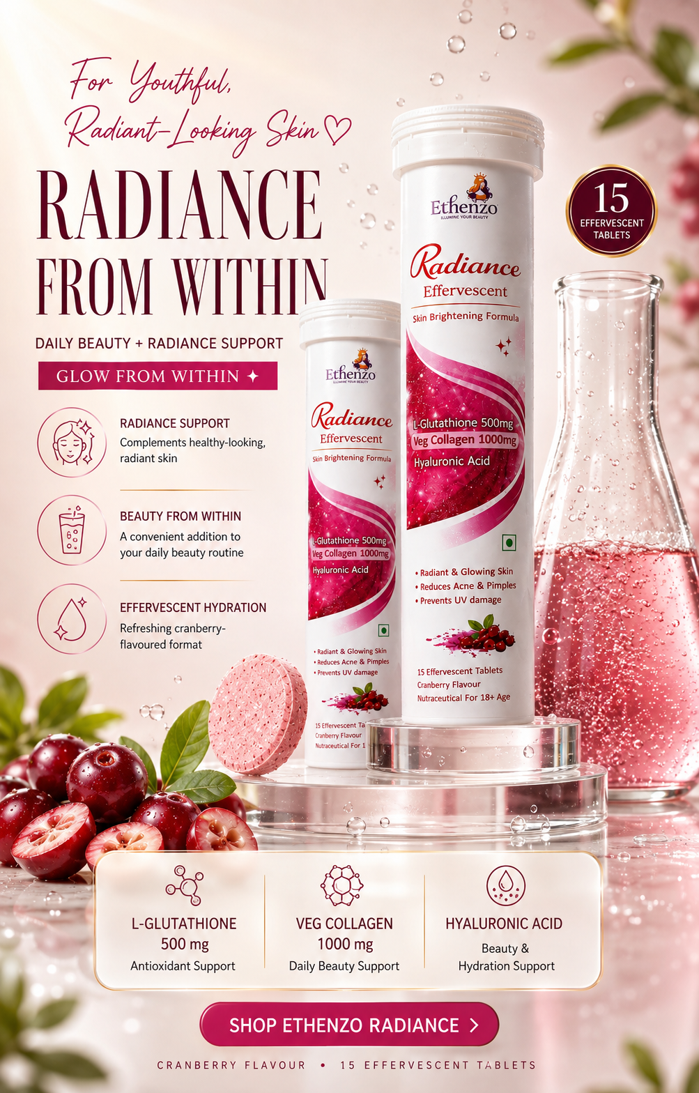 Ethenzo Radiance Glutathione & Collagen Effervescent Tablets 500mg/1000mg – Cranberry, 15 Tablets - Image 2
