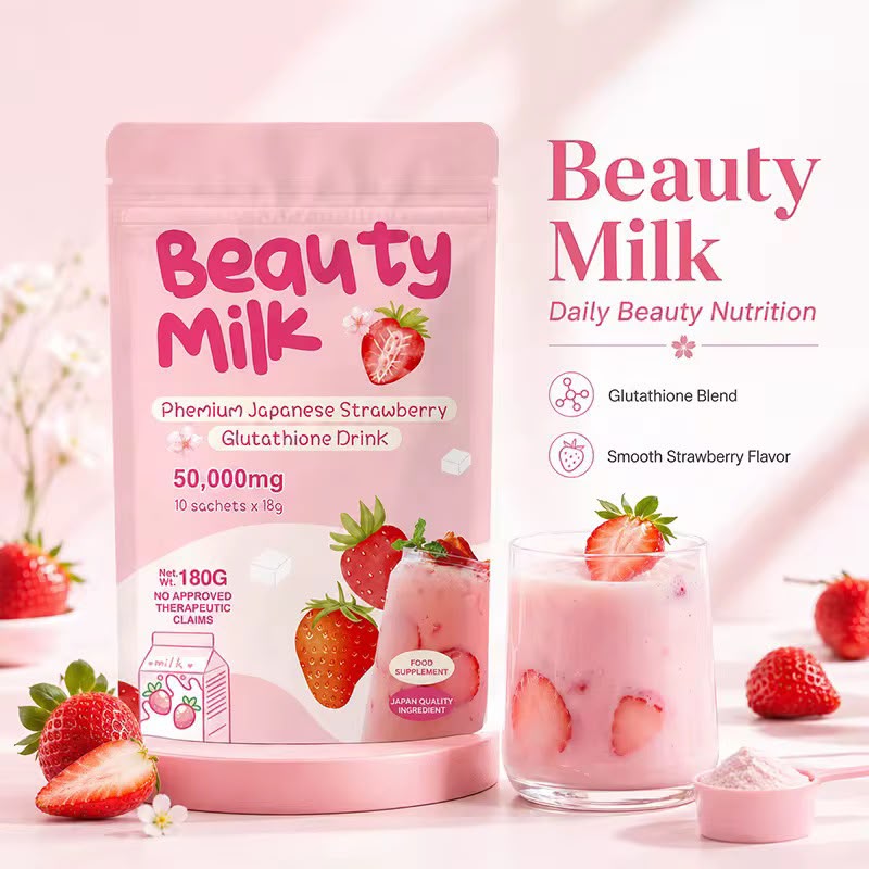 Beauty Milk Glutathione Drink 50,000mg – Japanese Strawberry - 10 Sachets, 180g - Image 5