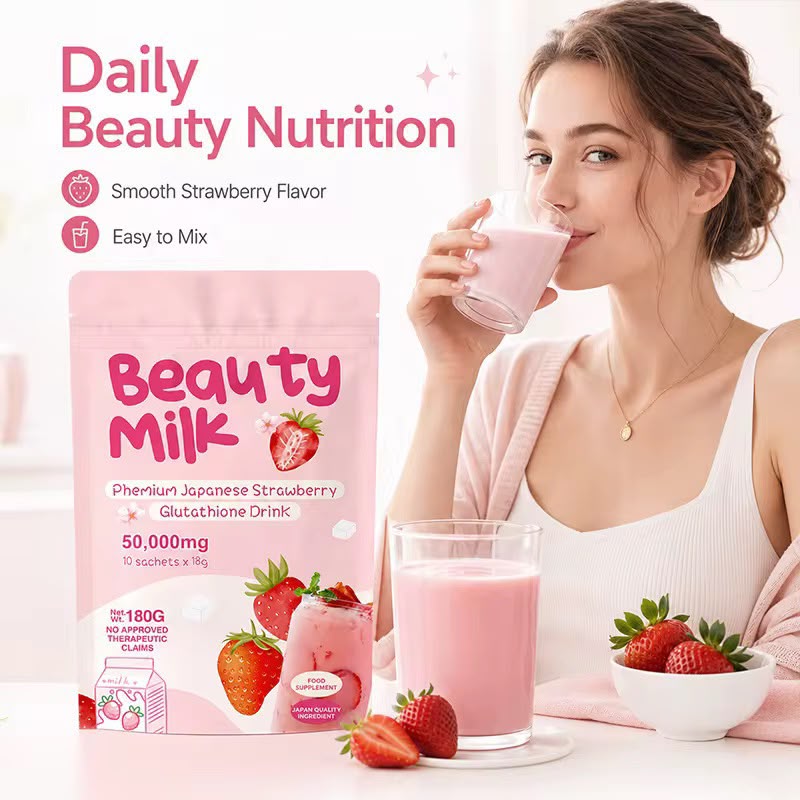 Beauty Milk Glutathione Drink 50,000mg – Japanese Strawberry - 10 Sachets, 180g - Image 4